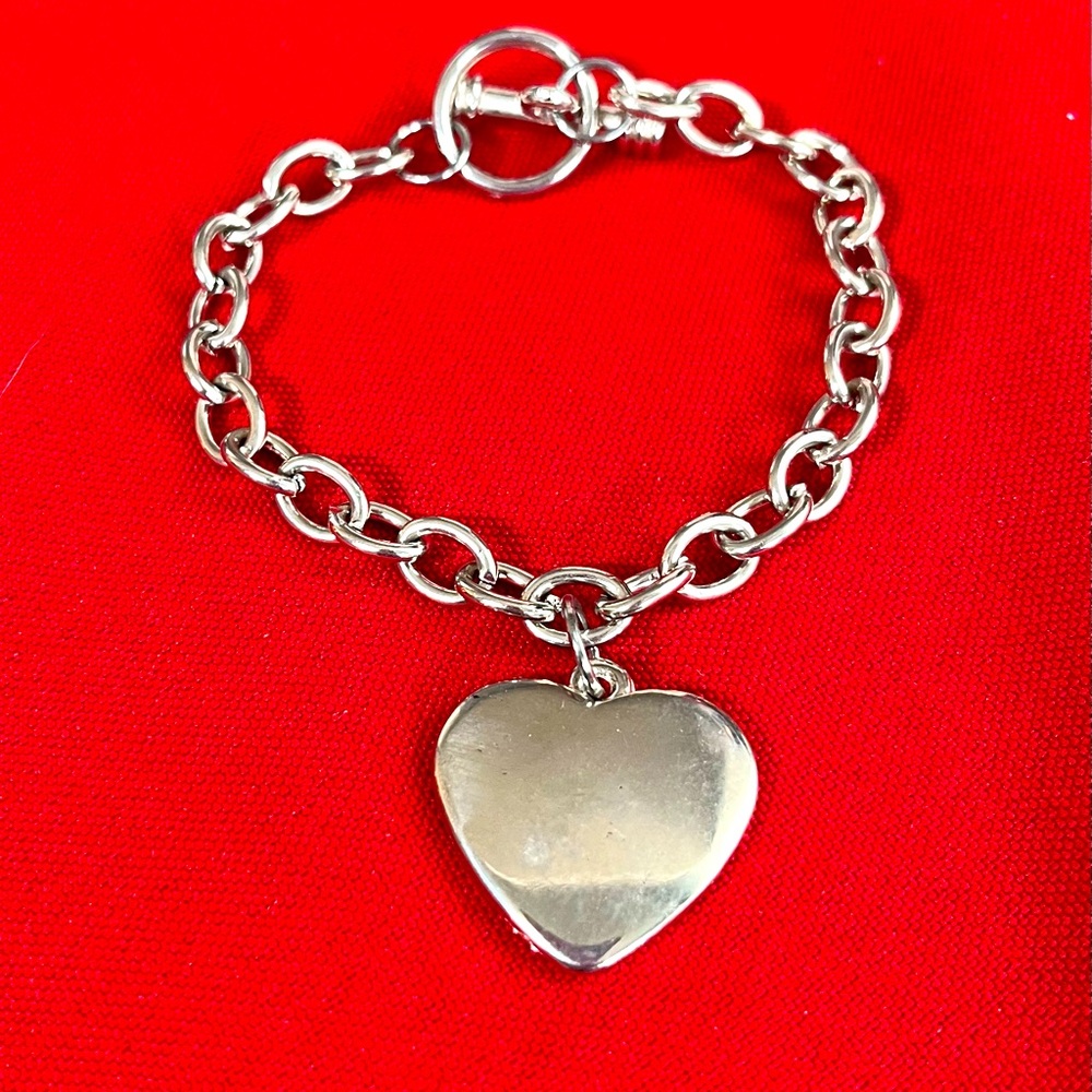 Heart Bracelet w/ Sterling Silver Chain 7mm Round Rolo Bracelet Toggle Clasp